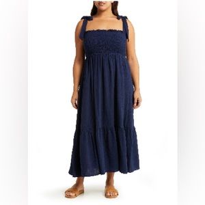 Caslon Smocked Tie Strap Cotton Gauze MIDI Sundress Navy 2X